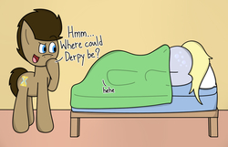 Size: 1216x783 | Tagged: safe, artist:techreel, derpy hooves, doctor whooves, time turner, pegasus, pony, g4, bed, blanket, female, hand on chin, hide and seek, hiding, male, mare, pillow, ship:doctorderpy, shipping, stallion, straight, under blanket