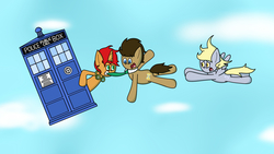 Size: 1920x1080 | Tagged: safe, artist:techreel, derpy hooves, doctor whooves, time turner, oc, oc:tick tock, earth pony, pegasus, pony, unicorn, doctor whooves and assistant, g4, cloud, crossover, doctor who, falling, female, male, mare, sky, stallion, tardis, the doctor, trio