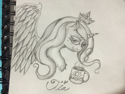 Size: 1280x960 | Tagged: safe, artist:blackonyxstar, princess celestia, alicorn, pony, g4, crown, cup, female, jewelry, lidded eyes, mare, mug, regalia, smiling, solo, traditional art