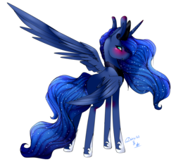Size: 1765x1621 | Tagged: safe, artist:alithecat1989, artist:symphstudio, princess luna, pony, g4, blushing, collaboration, crown, female, jewelry, large wings, looking back, rear view, regalia, signature, simple background, solo, transparent background, wings
