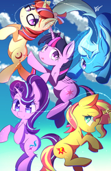 Size: 770x1190 | Tagged: safe, artist:kawaiipony2, moondancer, starlight glimmer, sunset shimmer, trixie, twilight sparkle, alicorn, pony, unicorn, g4, cloud, colored pupils, counterparts, cute, dancerbetes, diatrixes, female, floating, glasses, glimmerbetes, group, magic, magical quintet, mare, one eye closed, quintet, shimmerbetes, sky, twiabetes, twilight sparkle (alicorn), twilight's counterparts, wink