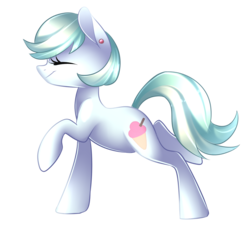 Size: 1858x1708 | Tagged: safe, artist:scarlet-spectrum, oc, oc only, oc:cool treat, earth pony, pony, commission, ear piercing, earring, eyes closed, female, jewelry, mare, piercing, raised hoof, raised leg, simple background, smiling, solo, transparent background