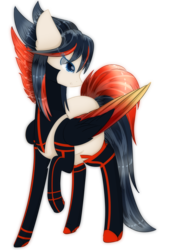 Size: 1660x2280 | Tagged: safe, artist:little-sketches, pegasus, pony, colored pupils, commission, eye clipping through hair, female, garter belt, kill la kill, mare, ponified, raised hoof, ryuko matoi, simple background, solo, transparent background