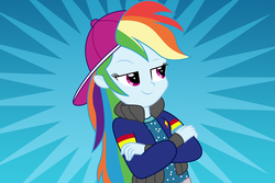 Size: 6000x4000 | Tagged: safe, artist:spottedlions, rainbow dash, equestria girls, g4, get the show on the road, my little pony equestria girls: summertime shorts, absurd resolution, backwards ballcap, baseball cap, cap, clothes, crossed arms, female, hat, rapper, rapper dash, simple background, solo, transparent background, vector