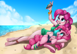 Size: 1612x1139 | Tagged: safe, artist:dankflank, derpibooru exclusive, pinkie pie, earth pony, pony, equestria girls, armpits, beach, blue swimsuit, bracelet, clothes, cute, diapinkes, drawthread, feet, female, fluffy, frilled swimsuit, green swimsuit, human ponidox, jewelry, lying down, mare, missing cutie mark, navel cutout, on side, one-piece swimsuit, self ponidox, selfie, smiling, swimsuit, tongue out