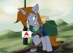 Size: 1400x1007 | Tagged: safe, artist:jeffk38uk, oc, oc only, oc:littlepip, pony, unicorn, fallout equestria, clothes, fanfic, fanfic art, female, hoarder, hoarding, hooves, horn, inventory, jumpsuit, mare, over encumbered, pipboy, pipbuck, saddle bag, solo, speech bubble, teeth, vault suit