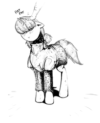 Size: 1093x1330 | Tagged: safe, artist:testostepone, oc, oc only, oc:knight pone, human, armor, hand, head pat, monochrome, pat