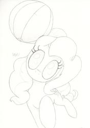 Size: 2398x3408 | Tagged: safe, artist:ethereal-desired, pinkie pie, earth pony, pony, g4, beach ball, female, high res, monochrome, solo, traditional art