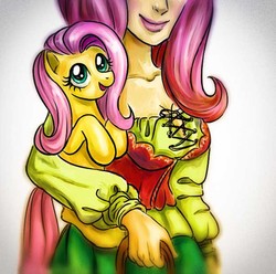 Size: 604x600 | Tagged: safe, artist:arimovergremrider, fluttershy, human, pony, g4, clothes, dress, holding a pony, human ponidox, humanized, self ponidox