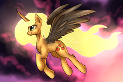 Size: 1400x936 | Tagged: safe, artist:not-ordinary-pony, applejack, alicorn, pony, g4, alicornified, applecorn, female, flying, glowing mane, mare, profile, race swap, smiling, spread wings, wings