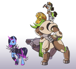 Size: 1280x1166 | Tagged: safe, artist:calicopikachu, centaur, pony, robot, unicorn, zebra, augmented, colored hooves, efi oladele, glowing horn, gradient background, gray background, horn, mouth hold, orisa, overwatch, ponified, raised hoof, simple background, sombra (overwatch), trio, unshorn fetlocks, video game
