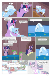 Size: 864x1296 | Tagged: safe, artist:dekomaru, spike, trixie, twilight sparkle, dragon, pony, comic:the greatest gift, g4, artifact, bed, clothes, comic, magic, scarf, snow, stairs, winter