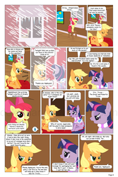 Size: 864x1296 | Tagged: safe, artist:dekomaru, apple bloom, applejack, twilight sparkle, comic:the greatest gift, g4, artifact, clothes, comic, saddle, scarf, snow