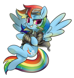 Size: 1850x1950 | Tagged: safe, artist:renokim, rainbow dash, pony, g4, backwards cutie mark, bomber jacket, clothes, crossed hooves, female, goggles, jacket, leather jacket, lidded eyes, mare, simple background, smiling, smug, solo, spread wings, transparent background, wings