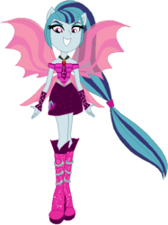 Size: 423x565 | Tagged: safe, artist:ra1nb0wk1tty, sonata dusk, equestria girls, g4, my little pony equestria girls: rainbow rocks, boots, clothes, female, fin wings, fingerless gloves, gloves, high heel boots, jewelry, looking at you, necktie, pendant, ponied up, pony ears, ponytail, simple background, skirt, solo, sparkles, white background, wings