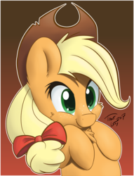 Size: 1280x1674 | Tagged: safe, artist:tg1117, applejack, earth pony, pony, g4, bow, bust, cheek fluff, chest fluff, cute, ear fluff, female, gradient background, hair bow, hat, hooves to the chest, jackabetes, mare, portrait, signature, smiling, solo
