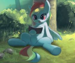 Size: 1006x838 | Tagged: safe, anonymous artist, artist:apricolor, edit, rainbow dash, pegasus, pony, g4, belly button, book, cute, dashabetes, dock, drawthread, featureless crotch, female, leaning, mare, open mouth, reading, sitting, solo, tree