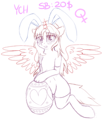 Size: 1460x1750 | Tagged: safe, artist:kamyk962, pony, semi-anthro, advertisement, any race, belly, belly button, blushing, bunny ears, clothes, commission, cute, easter, easter egg, female, kneeling, looking at you, mare, open mouth, socks, vector, wings, your character here