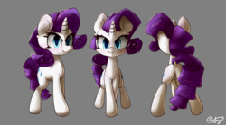 Size: 7189x4000 | Tagged: safe, artist:luxaestas, rarity, pony, unicorn, g4, absurd resolution, female, gray background, looking at you, mare, rear view, signature, simple background, solo