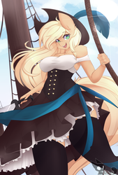 Size: 900x1333 | Tagged: safe, artist:teranen, applejack, earth pony, anthro, g4, breasts, clothes, colored pupils, female, hat, looking at you, mare, pirate, sexy, ship, smiling, solo, stockings, stupid sexy applejack, sword, thigh highs, thighs, weapon