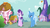 Size: 1920x1080 | Tagged: safe, screencap, caramel, linky, shoeshine, starlight glimmer, trixie, earth pony, pony, unicorn, g4, no second prances, 1080p, counterparts, female, joke shop, looking at each other, male, mare, stallion, twilight's counterparts, walking
