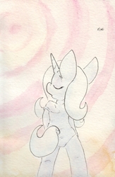 Size: 683x1049 | Tagged: safe, artist:slightlyshade, trixie, pony, g4, clothes, eyes closed, female, off shoulder, one-piece swimsuit, rear view, solo, swimsuit, traditional art, turned head