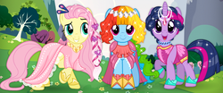 Size: 743x308 | Tagged: safe, artist:glittertiara, fluttershy, rainbow dash, twilight sparkle, pony, g4, alternate hairstyle, clothes, dress, dress up who, dressupwho, female, looking at you, mare, open mouth, outdoors, rainbow dash always dresses in style, smiling, trio