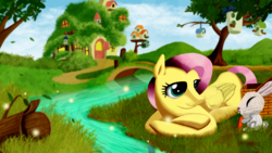 Size: 1920x1080 | Tagged: safe, artist:leonkay, angel bunny, fluttershy, pegasus, pony, rabbit, g4, animal, carrot, eating, female, fluttershy's cottage, food, mare, prone