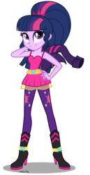 Size: 1800x3500 | Tagged: safe, artist:mixiepie, twilight sparkle, equestria girls, g4, alternate universe, boots, clothes, clothes swap, female, hand on hip, high heel boots, jacket, leather jacket, role reversal, simple background, solo, transparent background