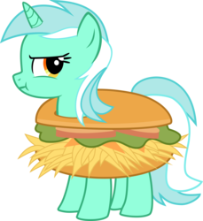 Size: 3323x3623 | Tagged: safe, artist:agrol, artist:seagale, lyra heartstrings, pony, unicorn, lyra's gift, g4, :t, burger, clothes, costume, female, food, food costume, grumpy, hamburger, hay burger, high res, looking back, lyra is not amused, simple background, solo, transparent background, unamused, vector