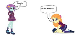 Size: 2460x1232 | Tagged: safe, orange sherbette, sunny flare, equestria girls, g4, my little pony equestria girls: friendship games, argument, i'm the winner!, simple background, speech bubble, white background