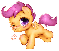 Size: 470x407 | Tagged: safe, artist:catmag, scootaloo, pegasus, pony, g4, blushing, cute, cutealoo, female, filly, looking at you, one eye closed, simple background, solo, weapons-grade cute, white background, wink