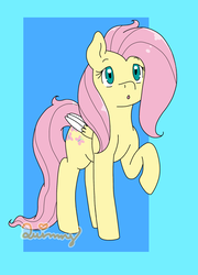 Size: 1024x1425 | Tagged: safe, artist:yanie-the-brown-pone, fluttershy, pony, g4, colored wings, curious, female, folded wings, looking up, mare, multicolored wings, open mouth, raised eyebrow, raised hoof, solo, standing