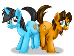 Size: 1024x768 | Tagged: safe, artist:iheartjapan789, oc, oc only, oc:alex the chubby pony, oc:andrea, earth pony, pony, unicorn, butt bump, butt to butt, butt touch, duo, female, male, mare, simple background, stallion, transparent background