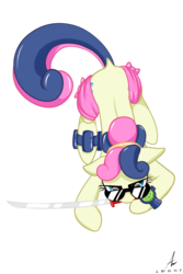 Size: 1000x1500 | Tagged: safe, artist:truffle shine, bon bon, sweetie drops, earth pony, pony, g4, dock, female, glasses, katana, mouth hold, prone, secret agent sweetie drops, signature, simple background, solo, sword, transparent background, weapon