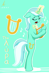 Size: 3300x5100 | Tagged: safe, artist:truffle shine, lyra heartstrings, pony, unicorn, g4, absurd resolution, bipedal, cutie mark, eyes closed, female, floppy ears, horn, lyre, magic aura, music notes, musical instrument, open mouth, poster, signature, singing, solo
