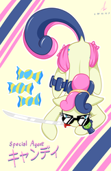 Size: 3300x5100 | Tagged: safe, artist:truffle shine, bon bon, sweetie drops, earth pony, pony, g4, absurd resolution, candy, cutie mark, dock, female, food, glasses, katana, mouth hold, poster, prone, secret agent sweetie drops, signature, solo, sword, weapon