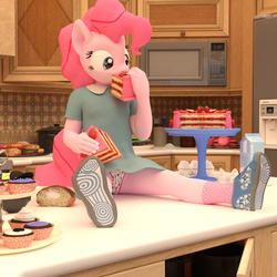 Size: 920x920 | Tagged: safe, artist:tahublade7, pinkie pie, earth pony, anthro, plantigrade anthro, g4, 3d, cake, clothes, cupcake, cute, diapinkes, dress, eating, female, filly, filly pinkie pie, food, kitchen, microwave, milk, panties, shoes, silly panties, skirt, skirt lift, sneakers, socks, table, underwear, upskirt, white underwear, younger