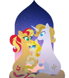 Size: 904x1024 | Tagged: safe, artist:carouselunique, prince blueblood, sunset shimmer, oc, oc:sparkling dawn, pony, unicorn, g4, cuddling, cute, evening, female, hug, lullaby, male, mama sunset, mood lighting, next generation, offspring, parent:prince blueblood, parent:sunset shimmer, parents:sunblood, shipping, simple background, straight, sunblood, transparent background