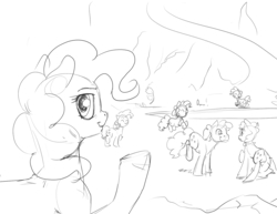 Size: 1280x989 | Tagged: safe, artist:silfoe, pinkie pie, earth pony, pony, g4, :t, cave, cave pool, clone, eye contact, eyes closed, female, frown, fun fun fun, grayscale, looking at each other, looking at you, looking back, mare, mirror pool, monochrome, multeity, pinkie clone, pronking, raised hoof, raised leg, smiling, smirk, trotting, underhoof