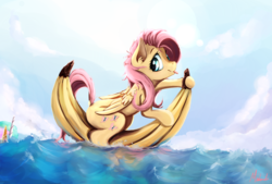 Size: 1600x1080 | Tagged: safe, artist:miokomata, fluttershy, princess celestia, pegasus, pony, g4, banana, boat, cloud, crown, cute, fangs, female, floating, food, jewelry, looking at you, mare, pool toy, regalia, shyabetes, smiling, solo focus, tongue out, water, when you see it