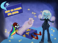 Size: 1646x1204 | Tagged: safe, artist:deidrax, rainbow dash, trixie, equestria girls, g4, abra kadabra, box sawing trick, crosscut saw, crossover, flash, magic, magic trick, saw, the flash