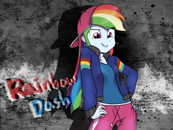 Size: 1400x1050 | Tagged: safe, artist:haden-2375, rainbow dash, equestria girls, g4, get the show on the road, my little pony equestria girls: summertime shorts, clothes, female, hand on hip, hat, jacket, looking at you, multicolored hair, pants, rapper, rapper dash, shirt, smiling, solo, that was fast