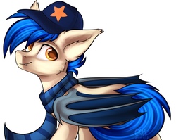 Size: 2676x2125 | Tagged: safe, artist:gicme, oc, oc only, oc:moonshot, bat pony, pony, baseball cap, cap, clothes, hat, high res, looking at you, scarf, smiling, solo
