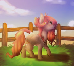 Size: 1024x916 | Tagged: safe, artist:snowolive, oc, oc only, pegasus, pony, commission, cutie mark, female, fence, grass, mare, music notes, raised hoof, smiling, solo
