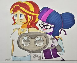 Size: 1280x1051 | Tagged: safe, artist:missmayaleanne, sci-twi, sunset shimmer, twilight sparkle, equestria girls, g4, breasts, city, cleavage, clothes, female, glasses, hair bun, lesbian, open mouth, pants, ship:sci-twishimmer, ship:sunsetsparkle, shipping, sight seeing, silhouette, simple background, tank top, traditional art