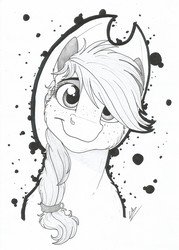 Size: 2342x3269 | Tagged: safe, artist:lupiarts, applejack, earth pony, pony, g4, cheek fluff, cowboy hat, cute, female, hat, high res, jackabetes, looking at you, mare, monochrome, simple background, smiling, solo, stetson, traditional art