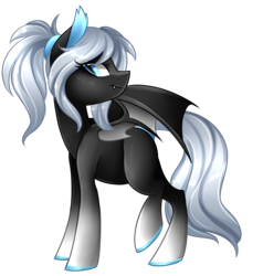Size: 1842x1931 | Tagged: safe, artist:scarlet-spectrum, oc, oc only, oc:serac, bat pony, pony, blue eyes, commission, fangs, female, gradient hooves, mare, ponytail, simple background, slit pupils, smiling, solo, transparent background, white hair