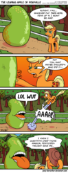 Size: 870x2200 | Tagged: safe, artist:pony-berserker, applejack, earth pony, pony, g4, accent, applejack is not amused, biting pear of salamanca, comic, cowboy hat, dialogue, female, food, food monster, hat, i can't believe it's not idw, lol, lolwut, looking at you, mare, monster, open mouth, pear, scared, stetson, surprised, sweet apple acres, tongue out, unamused, y'all