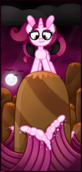 Size: 1702x3589 | Tagged: safe, artist:amberpone, oc, oc only, bird, pony, unicorn, brown eyes, cloud, commission, digital art, eyebrows, fanart, female, horn, mare, moon, original art, original character do not steal, paint tool sai, painttoolsai, pink fur, purple, sky, smiling, standing, stars, water